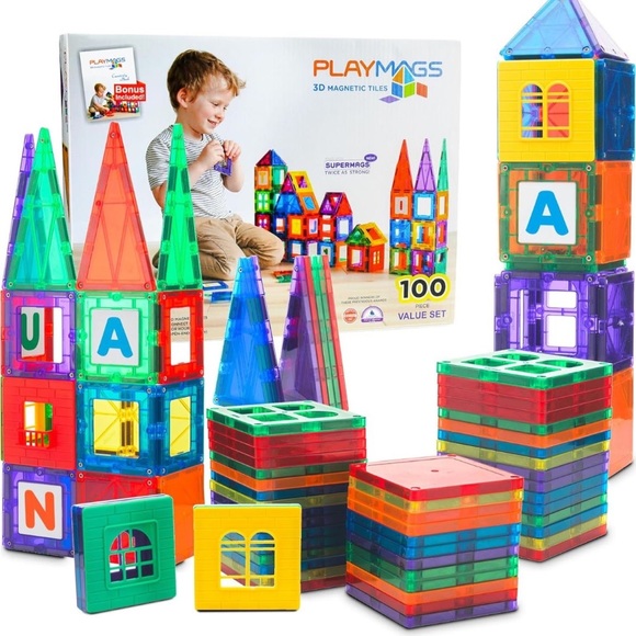Playmags 100-Piece Magnetic Tiles Building Blocks Set, 3D Magnet Tiles for Kids - Picture 2 of 9